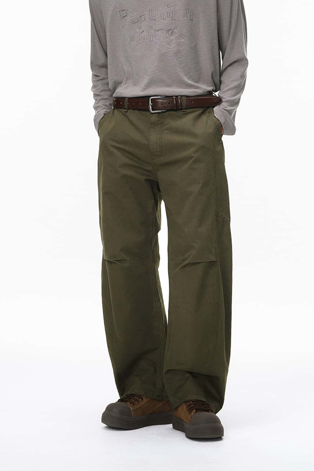Vintage Deconstructed Pleated Curved Cargo Pants - Olive