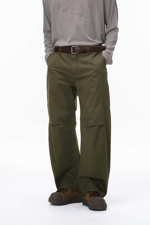 Vintage Deconstructed Pleated Curved Cargo Pants - Olive