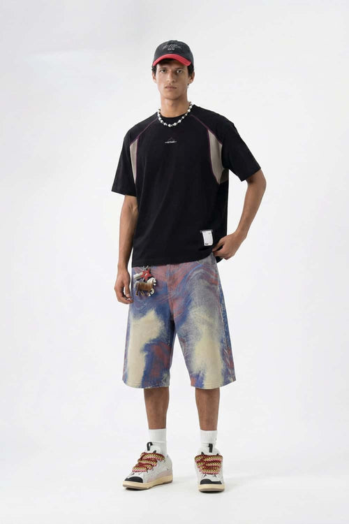 Luminous Contrast Panelled Graphic Tee - Black