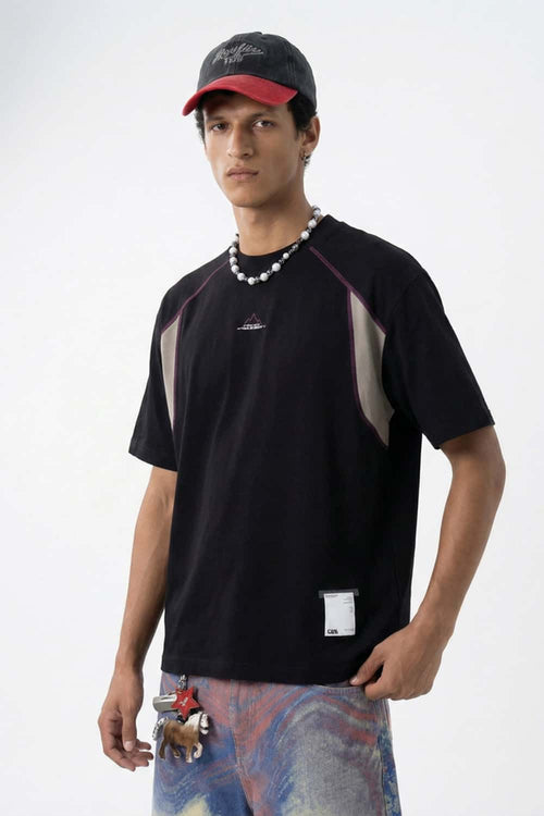 Luminous Contrast Panelled Graphic Tee - Black