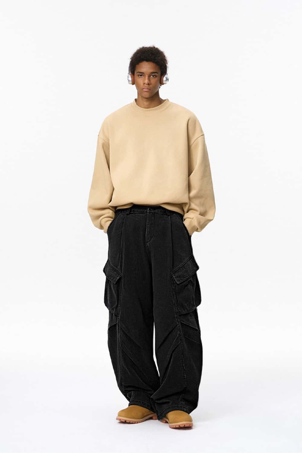 Men's Pleated Wide-Leg Cargo Pants - Black