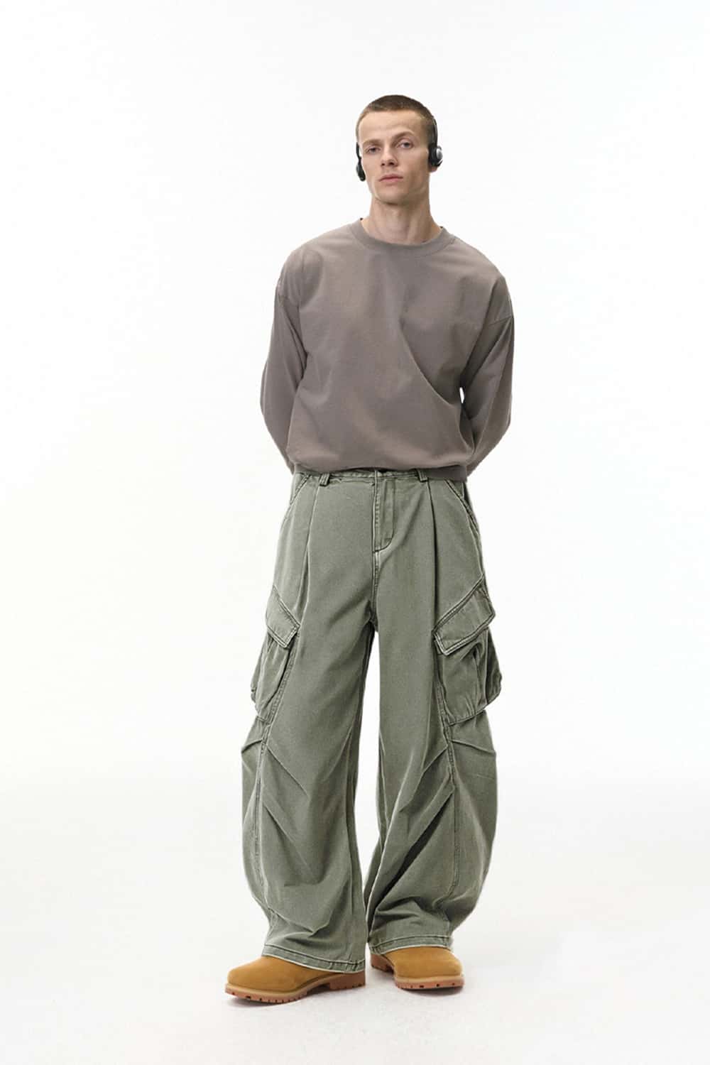 Men's Pleated Wide-Leg Cargo Pants - Military Green