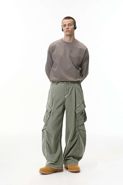 Men's Pleated Wide-Leg Cargo Pants - Military Green