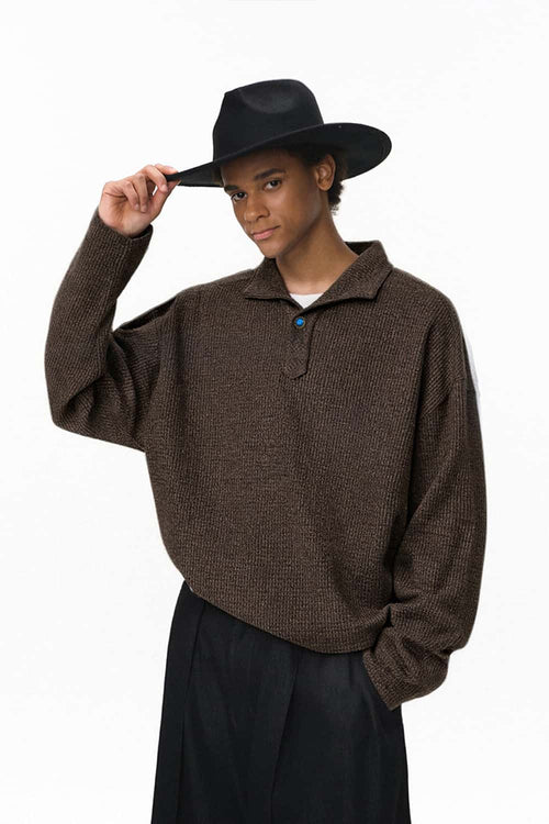 Tailored One-Piece Collar Long Sleeve Polo - Dark Brown