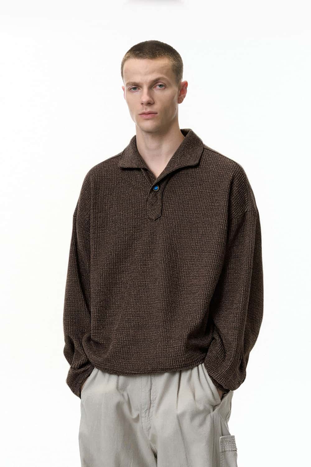 Tailored One-Piece Collar Long Sleeve Polo - Dark Brown