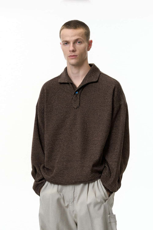 Tailored One-Piece Collar Long Sleeve Polo - Dark Brown