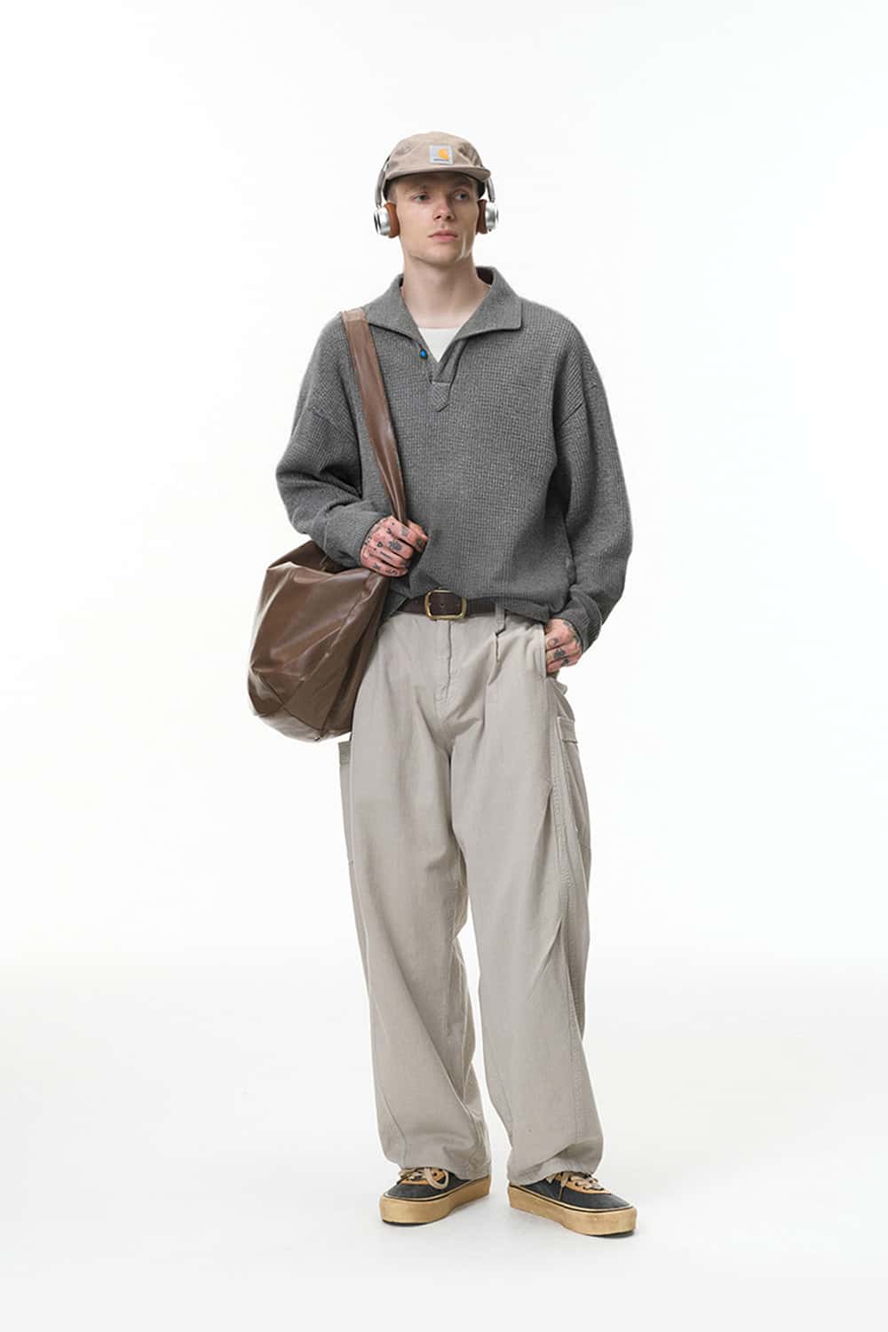 Tailored One-Piece Collar Long Sleeve Polo - Gray
