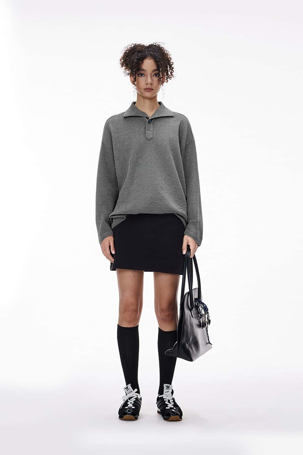 Tailored One-Piece Collar Long Sleeve Polo - Gray