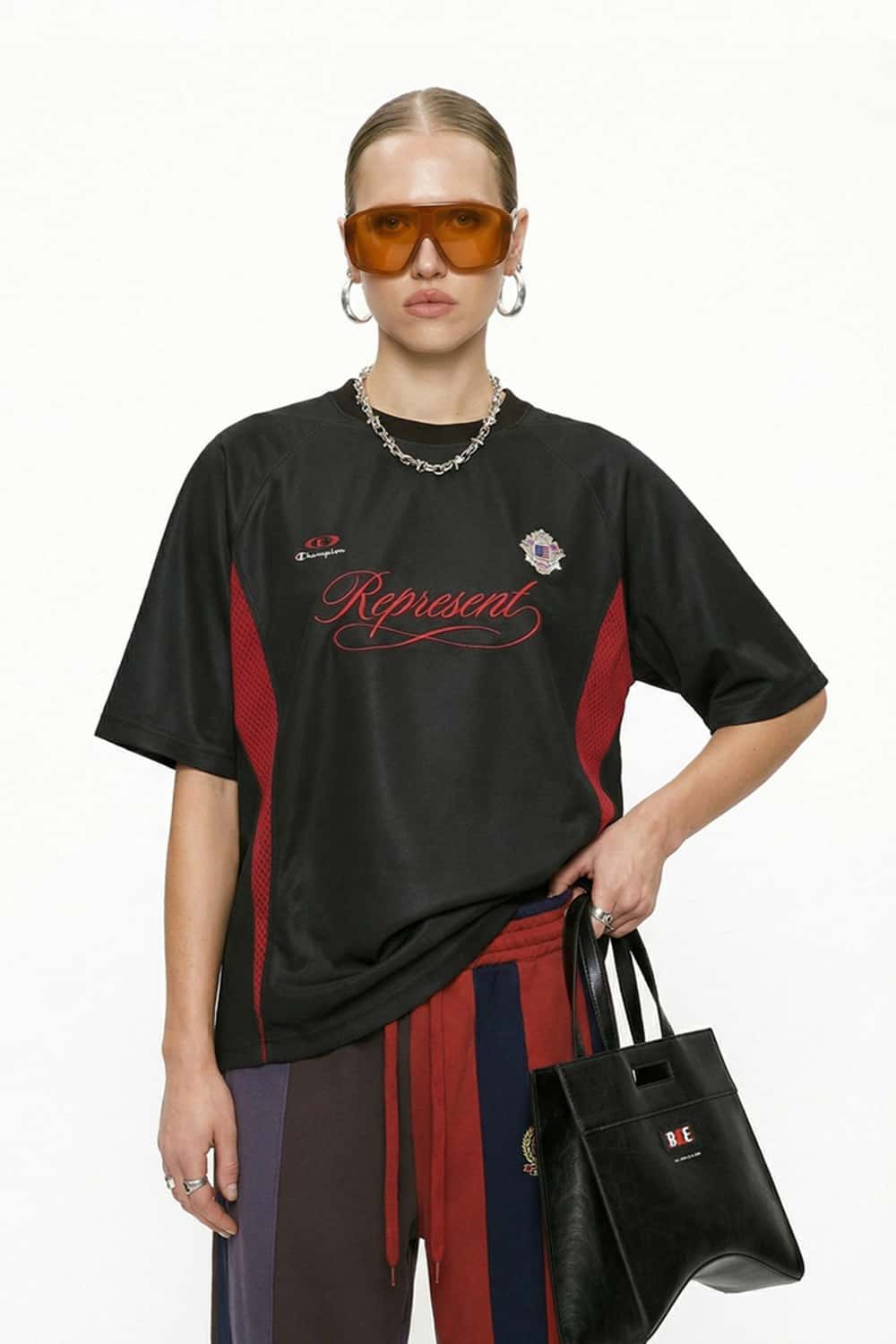 Mesh-Panel Graphic Raglan Tee in Black - front product view