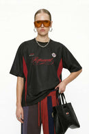 Mesh-Panel Graphic Raglan Tee in Black - front product view