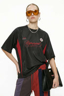 Mesh-Panel Graphic Raglan Tee in Black - product detail close-up