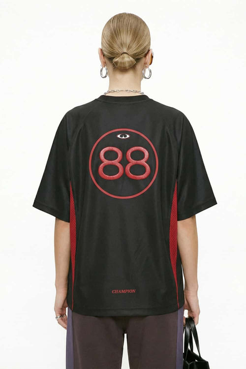 Mesh-Panel Graphic Raglan Tee in Black - back product view