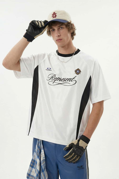 Mesh-Panel Graphic Raglan Tee in Off White - front product view