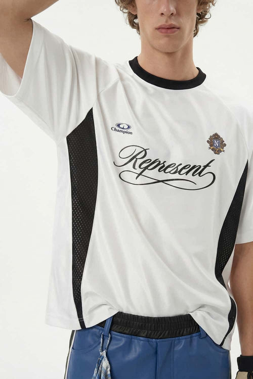 Mesh-Panel Graphic Raglan Tee in Off White - product detail close-up
