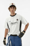 Mesh-Panel Graphic Raglan Tee in Off White - front product view