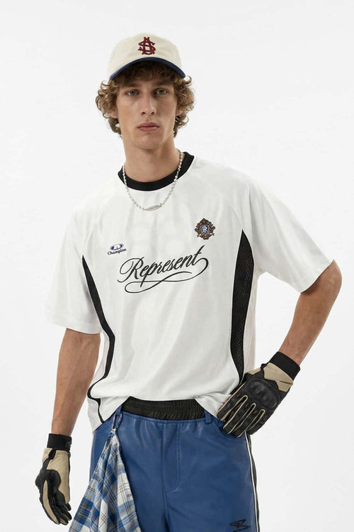 Mesh-Panel Graphic Raglan Tee in Off White - front product view