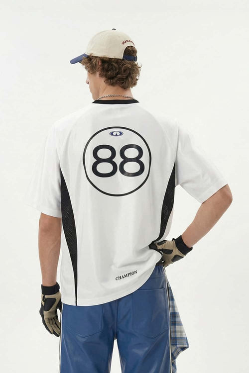 Mesh-Panel Graphic Raglan Tee in Off White - back product view