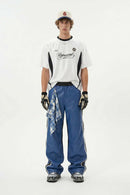 Mesh-Panel Graphic Raglan Tee in Off White - full-length front modeled view