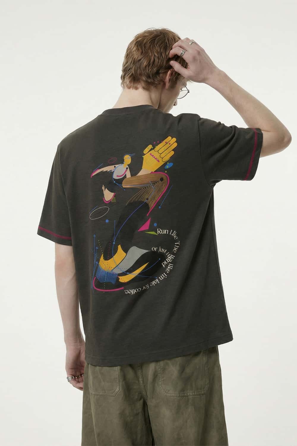 Animal Print Contrast Stitch Active Tee - Dark Gray
