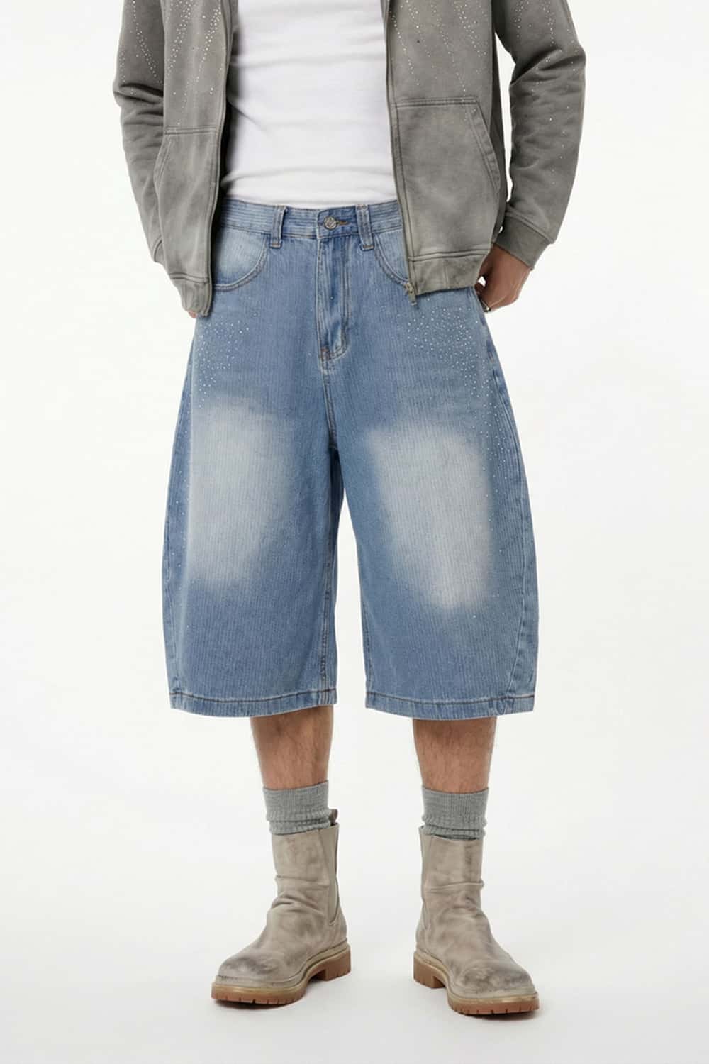 Men's Distressed Rhinestone Cropped Denim - Blue