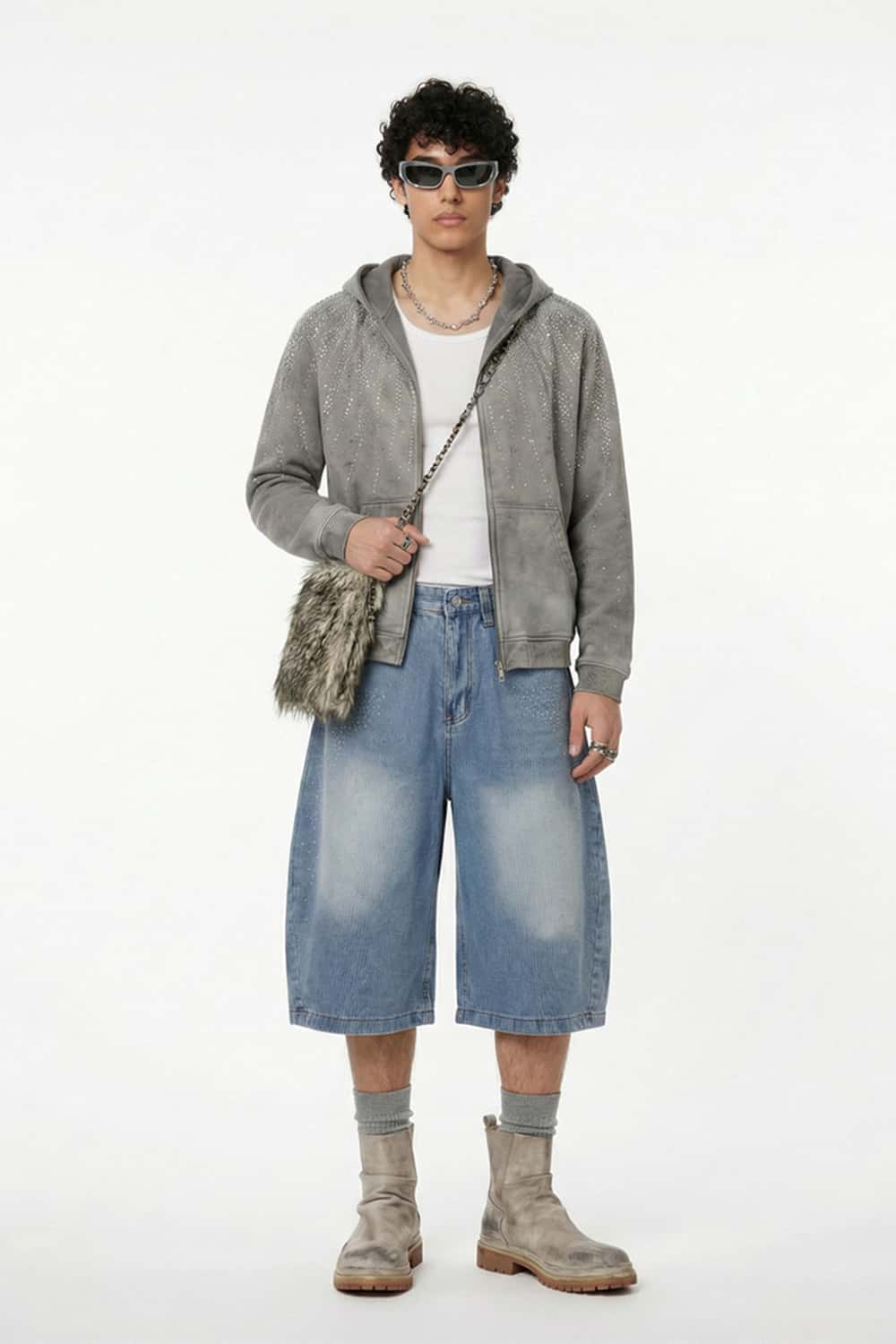 Men's Distressed Rhinestone Cropped Denim - Blue