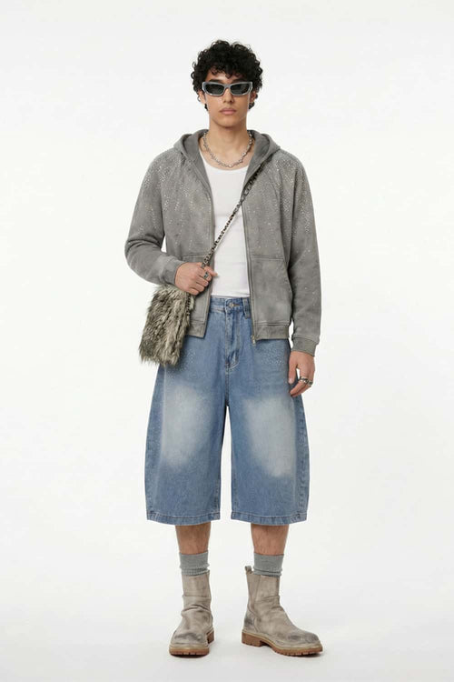 Men's Distressed Rhinestone Cropped Denim - Blue