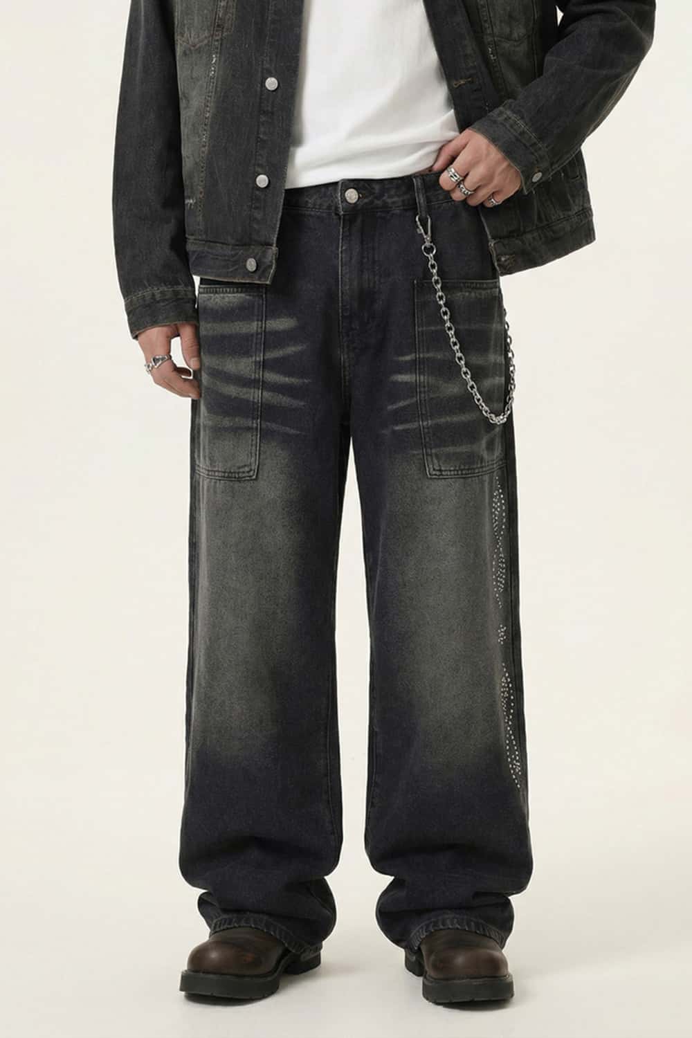Distressed Rhinestone Pocket Jeans - Black