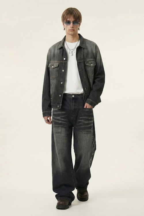 Distressed Rhinestone Pocket Jeans - Black