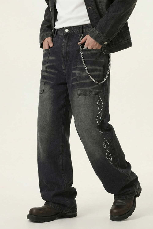 Distressed Rhinestone Pocket Jeans - Black