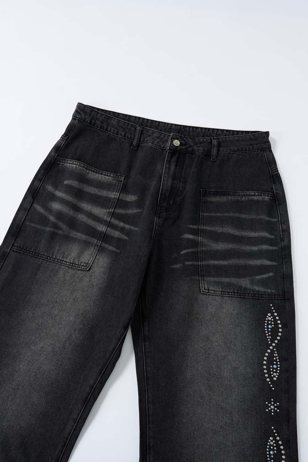 Distressed Rhinestone Pocket Jeans - Black
