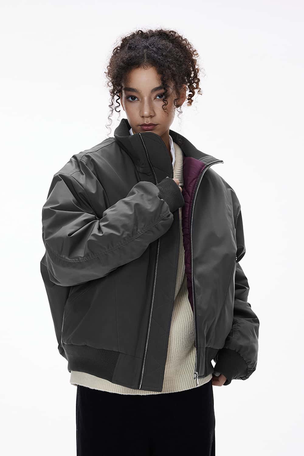 Vintage Utility Mock Neck Bomber - Dark Gray
