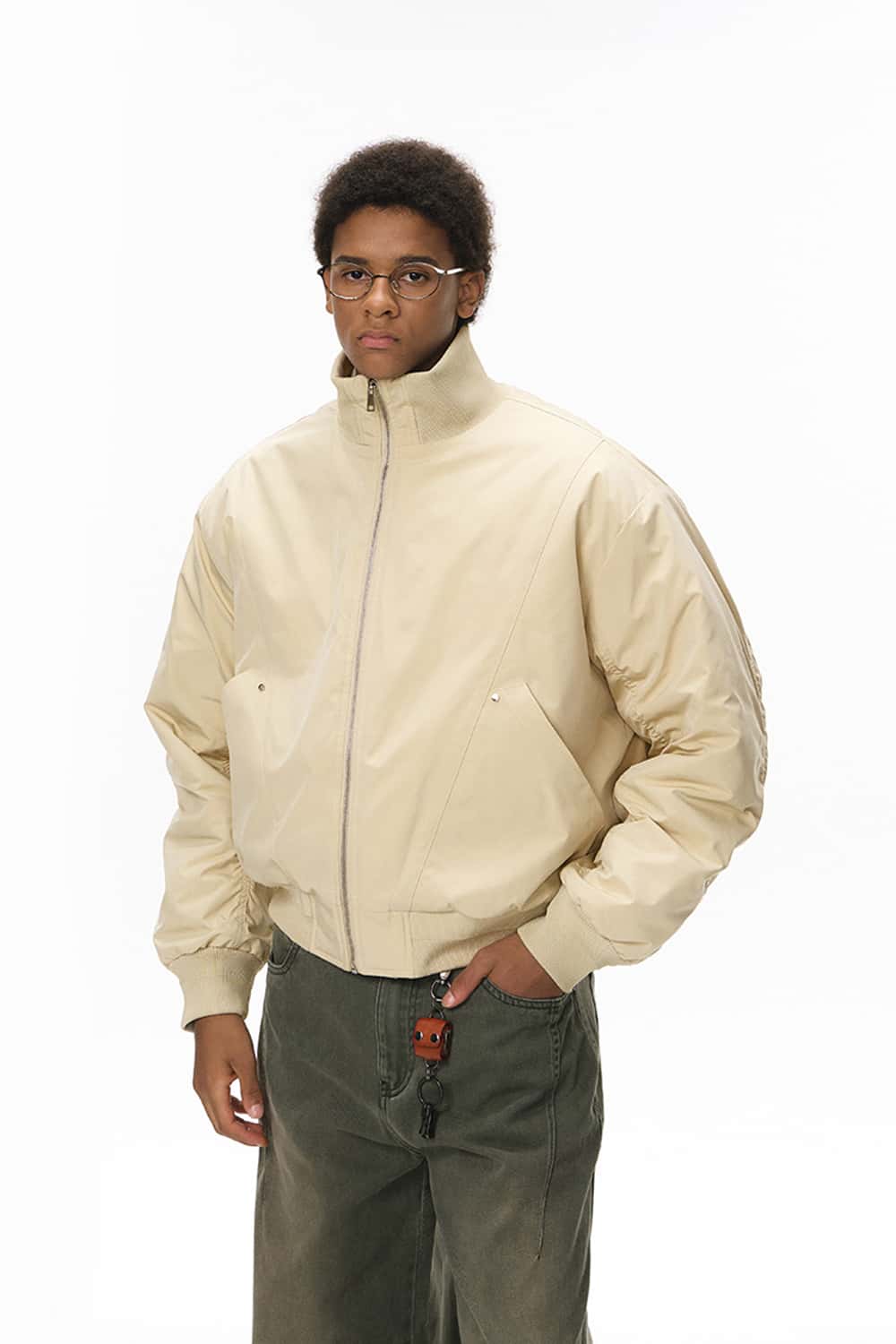 Vintage Utility Mock Neck Bomber - Light Khaki