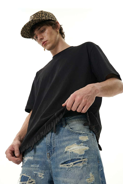 Distressed Embroidered Punk Streetwear Tee - Black