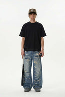 Distressed Embroidered Punk Streetwear Tee - Black