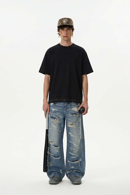 Distressed Embroidered Punk Streetwear Tee - Black
