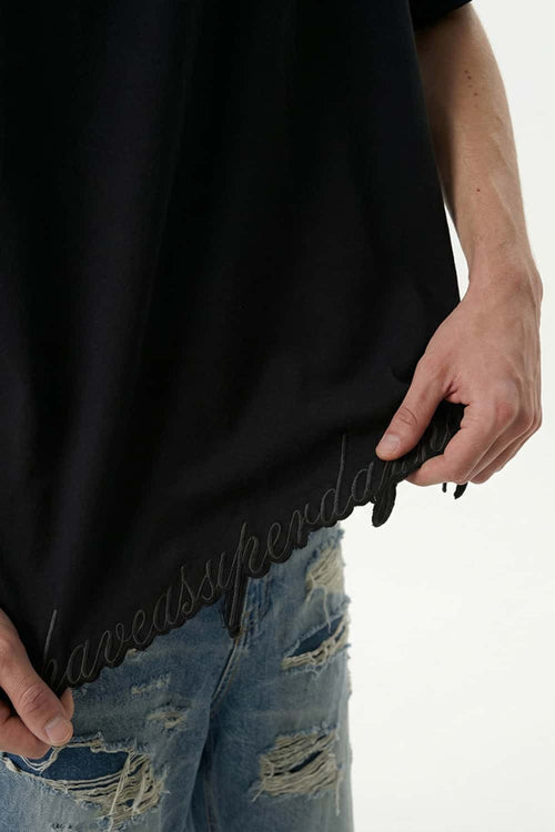Distressed Embroidered Punk Streetwear Tee - Black