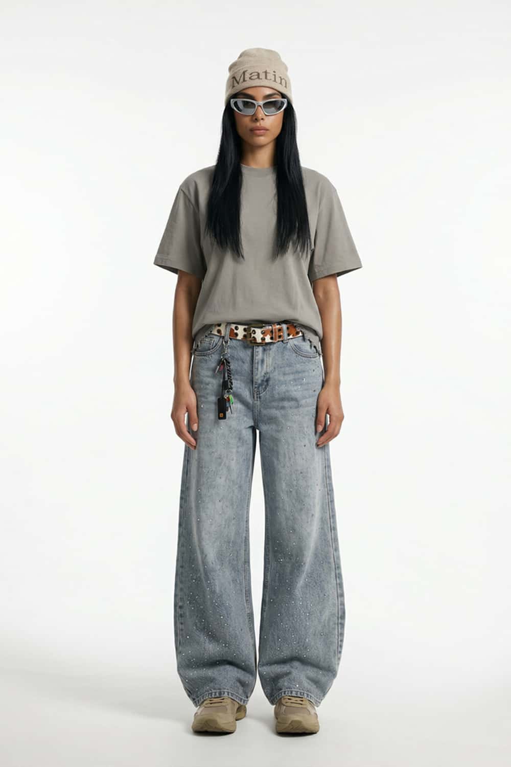 Distressed Embroidered Punk Streetwear Tee - Light Gray