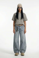 Distressed Embroidered Punk Streetwear Tee - Light Gray
