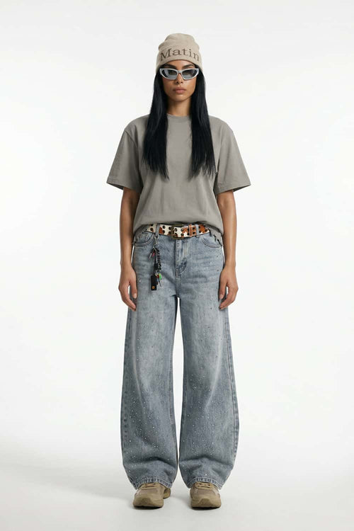 Distressed Embroidered Punk Streetwear Tee - Light Gray