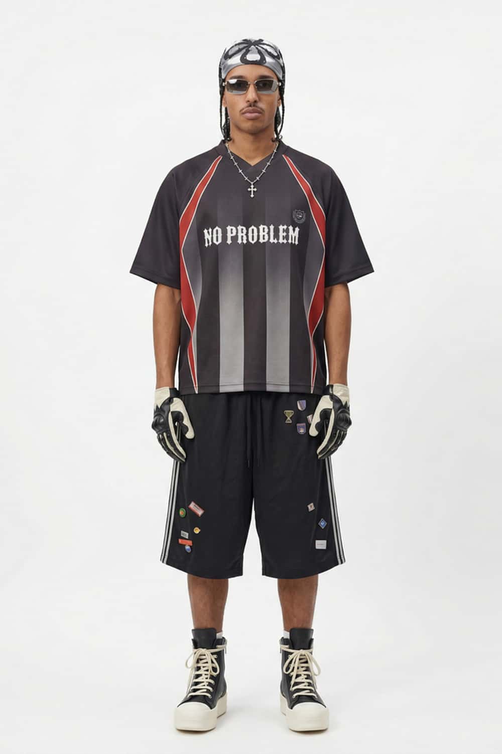 Digital Print V-Neck Jersey Tee - Black