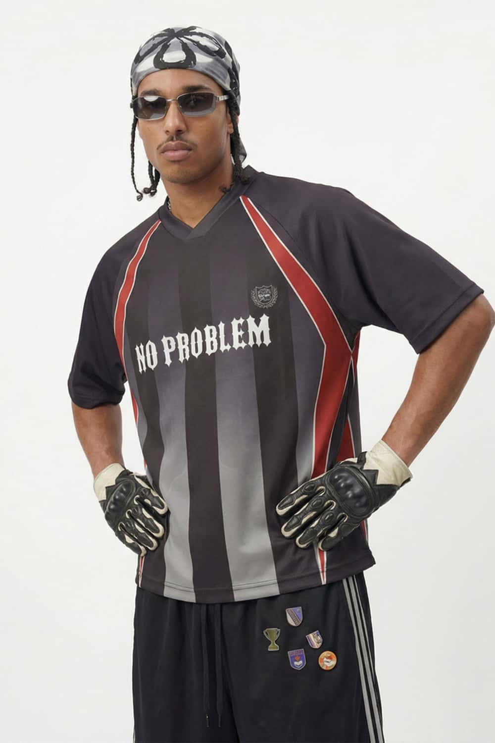 Digital Print V-Neck Jersey Tee - Black