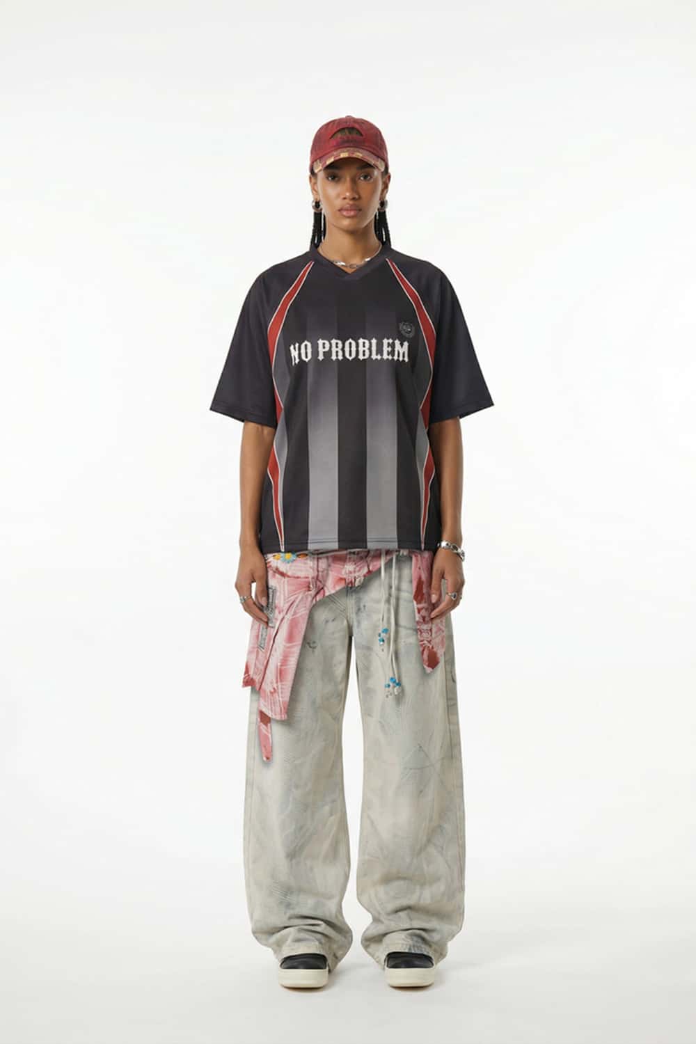 Digital Print V-Neck Jersey Tee - Black