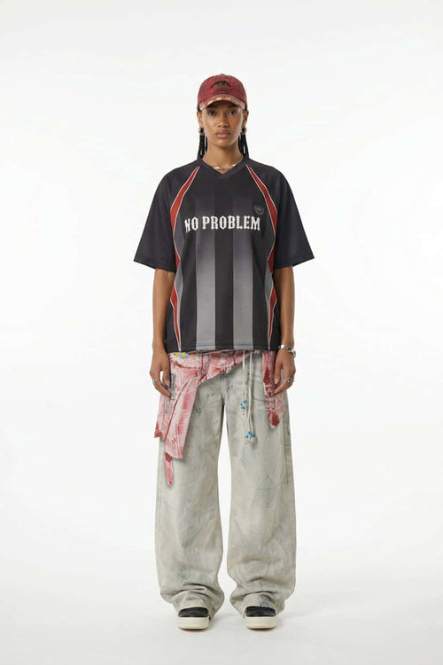 Digital Print V-Neck Jersey Tee - Black