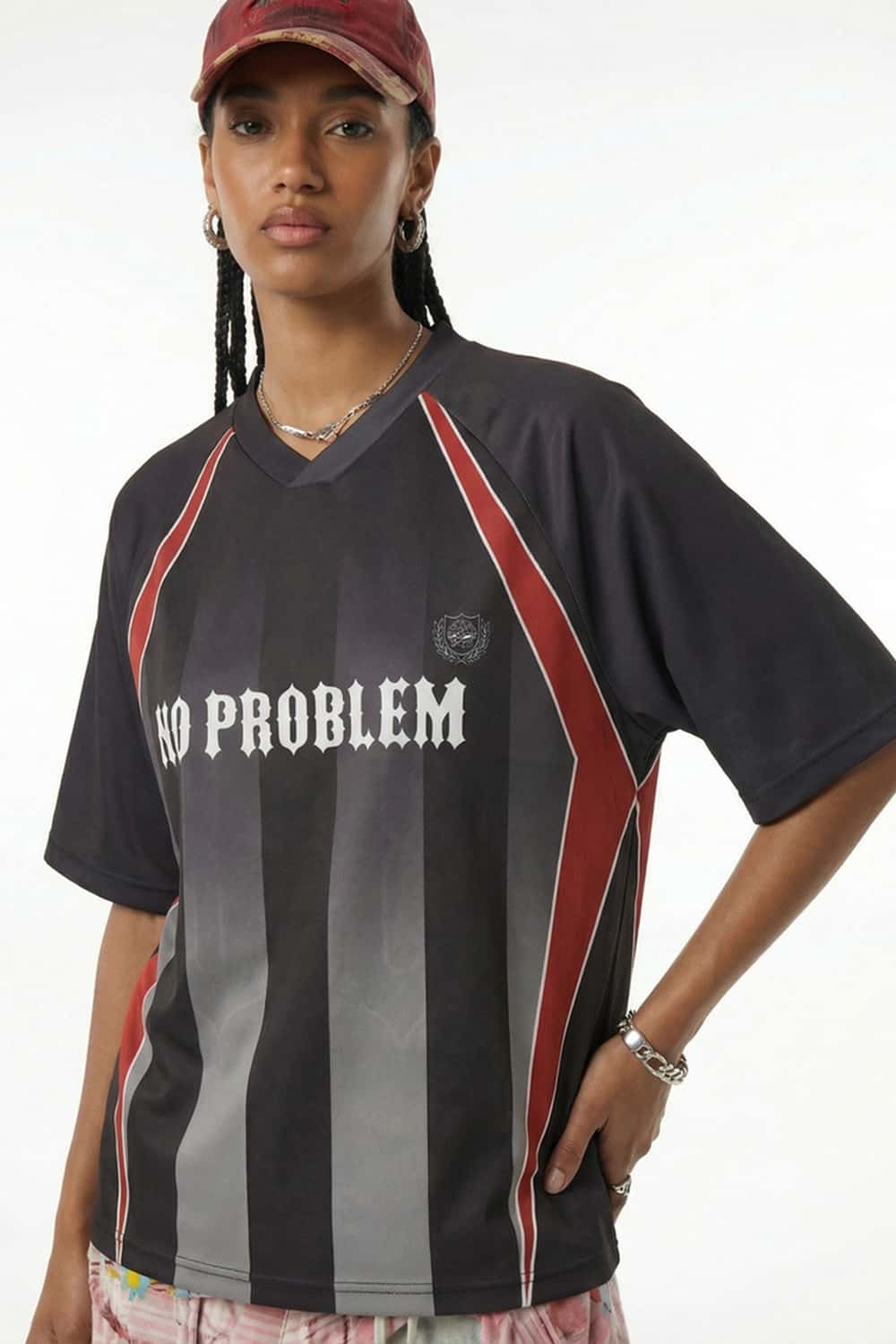 Digital Print V-Neck Jersey Tee - Black