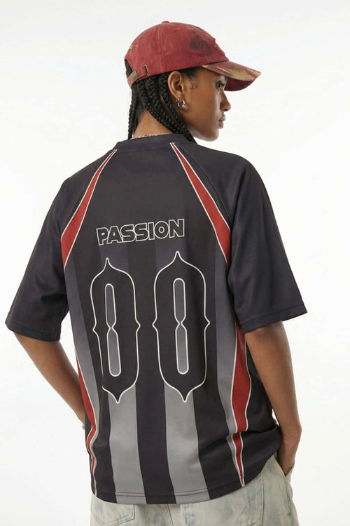 Digital Print V-Neck Jersey Tee - Black