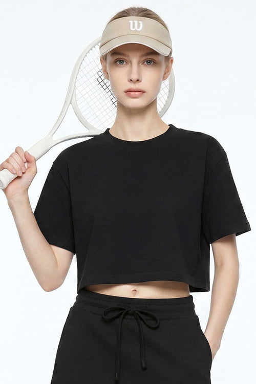 Cropped Loose Fit Cotton T-Shirt - Active Black