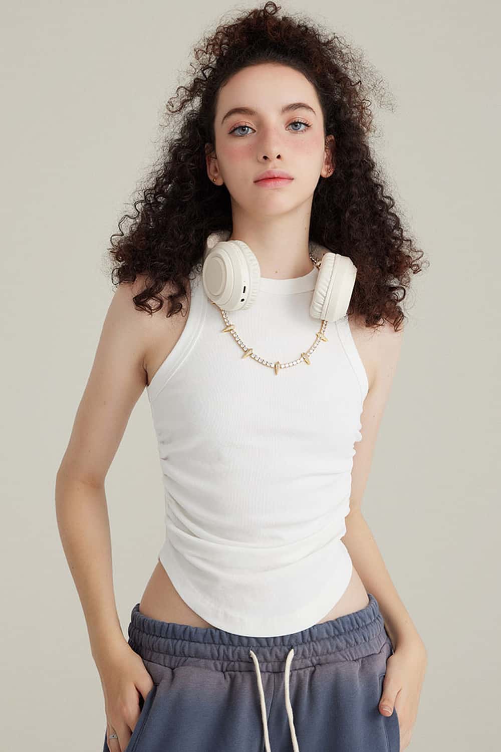 Curved Hem Racerback Tank Top - White