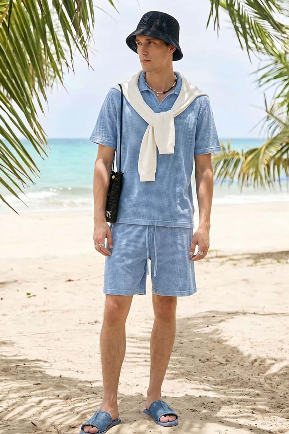 Waffle Textured Loose Fit Polo Shirt - Baby Blue