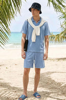 Waffle Textured Loose Fit Polo Shirt - Baby Blue