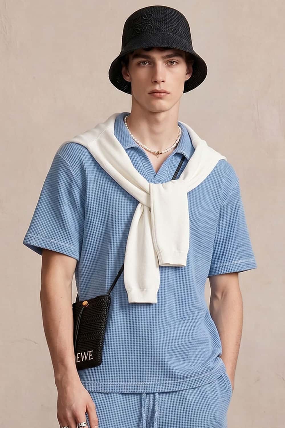 Waffle Textured Loose Fit Polo Shirt - Baby Blue